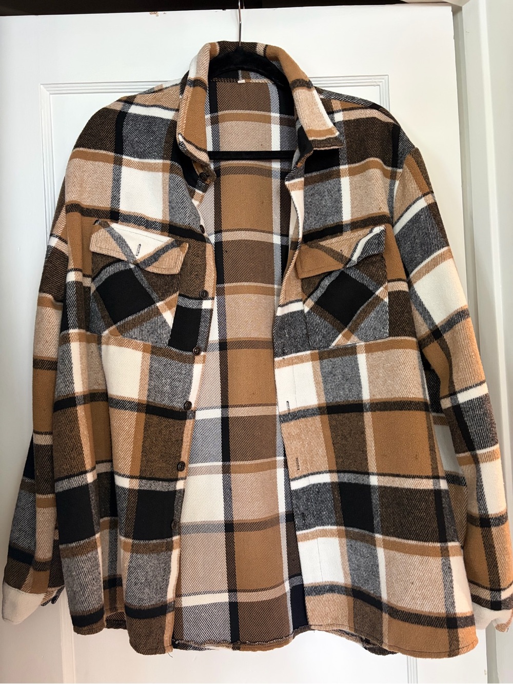 Plaid Shacket in Camel, Black & Cream